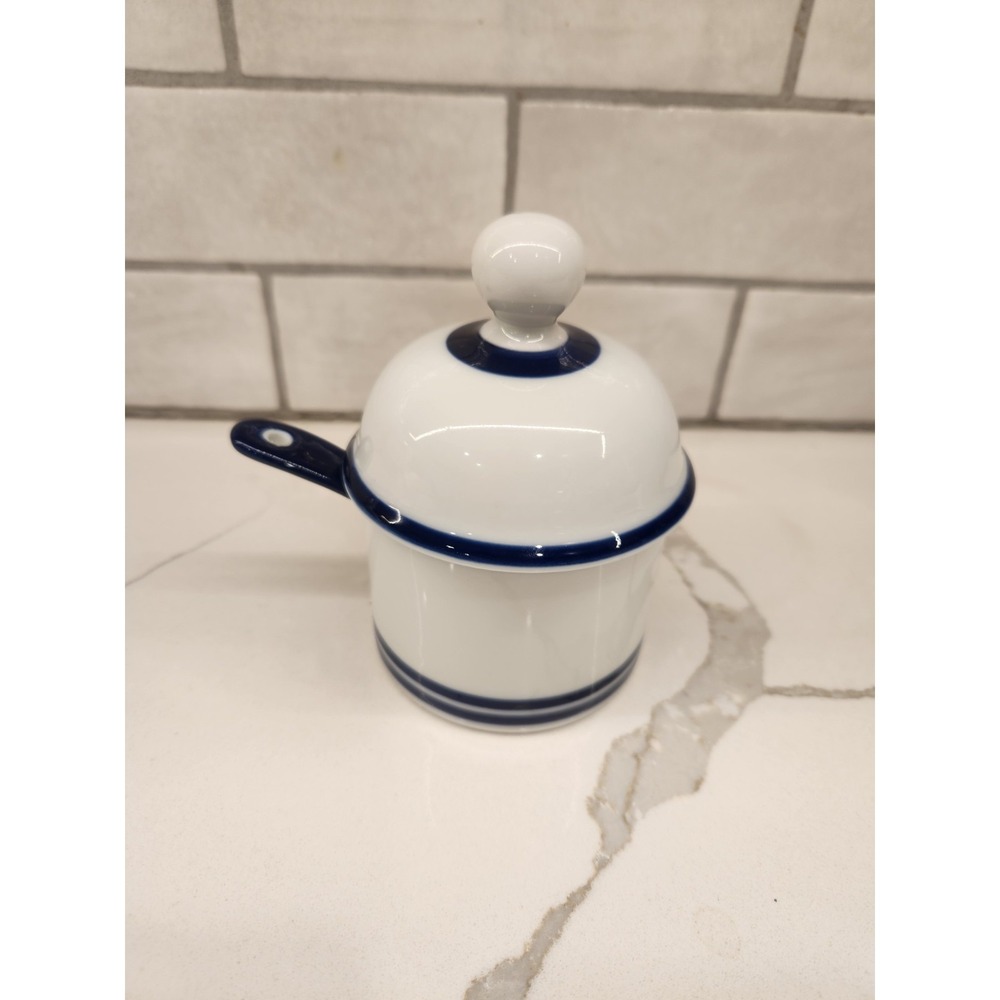 Vintage Dansk Blue & White Ceramic Lidded Condiment/Jam Sugar Bowl With Spoon‎ - Picture 3 of 8